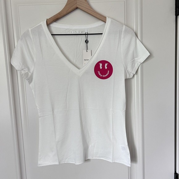 NWT Juicy Couture Sz Small Smile Cotton Modal V-Neck Short Sleeve White T Shirt - Picture 2 of 7